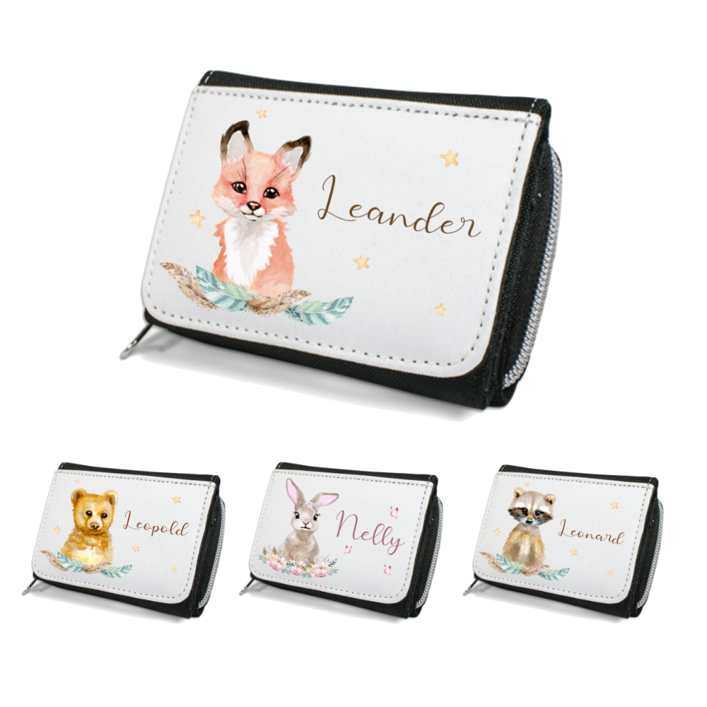 Kinderportemonnaie für Mädchen u. Jungen mit Tiermotiv u. Name | Geldbörse mit Wunschname u. Tierbaby | 4 Motivvarianten zur Auswahl | Fuchs, Bär, Hase, Waschbär