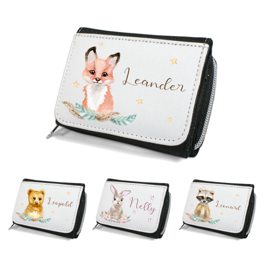 Kinderportemonnaie für Mädchen u. Jungen mit Tiermotiv u. Name | Geldbörse mit Wunschname u. Tierbaby | 4 Motivvarianten zur Auswahl | Fuchs, Bär, Hase, Waschbär