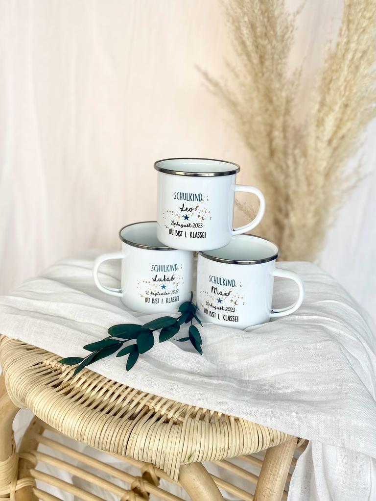 Personalisierte Tasse für das Schulkind | Geschenk für Jungen und Mädchen mit Namen und Datum | 2 Farbvarianten zur Auswahl