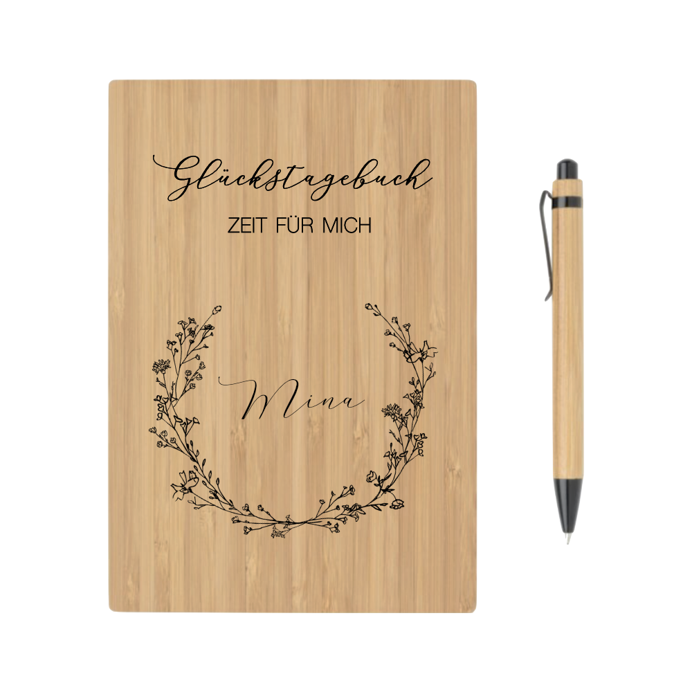 Glückstagebuch - Zeit für mich | Personalisiertes Tagebuch für Gedanken, Achtsamkeit und Erinnerungen | Notizbuch mit Name und floralen Blumenkranz