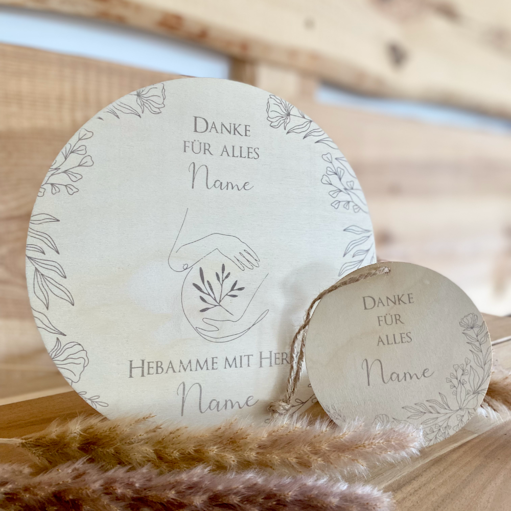 Geschenk für die Hebamme | Personalisiertes Dankeschön nach der Geburt | Dankeschön aus Holz mit Namen