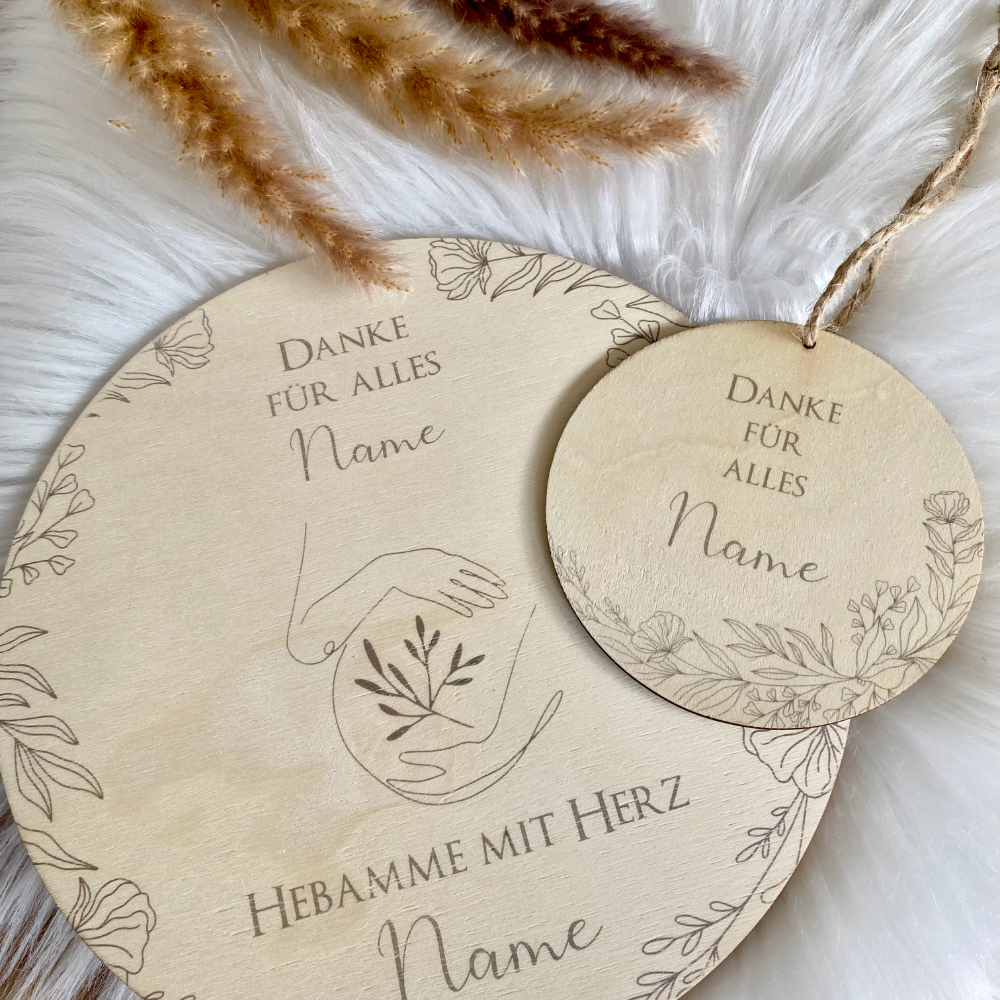 Geschenk für die Hebamme | Personalisiertes Dankeschön nach der Geburt | Dankeschön aus Holz mit Namen