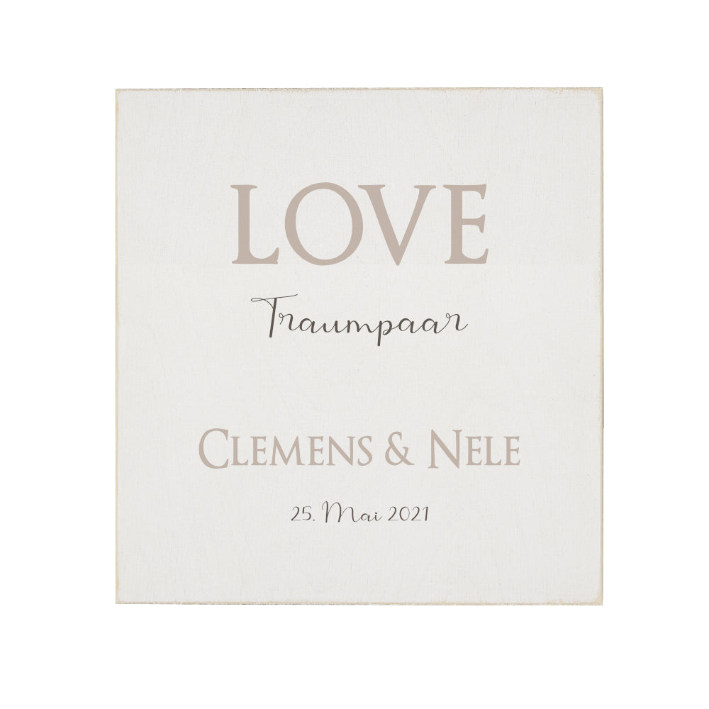 Handgefertigtes Bild aus Holz für Traumpaare | Holzbild "Love" handgefertigt mit den Namen des Paares sowie dem entsprechenden Datum