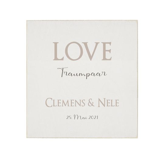 Handgefertigtes Bild aus Holz für Traumpaare | Holzbild "Love" handgefertigt mit den Namen des Paares sowie dem entsprechenden Datum