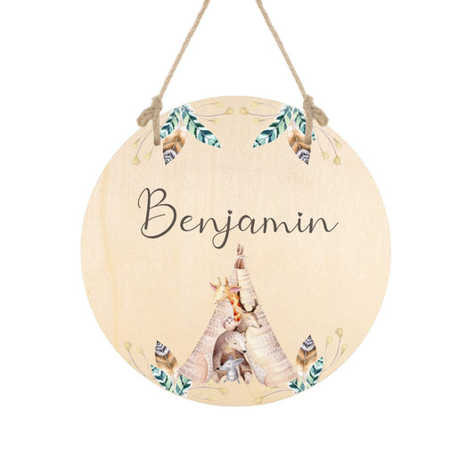 Namensschild mit Tippi und Tiermotiven für Jungen | Schöne Dekoidee für die Tür zum Babyzimmer | Persönliches Holzschild mit dem Namen des Jungen personalisiert | 4 Varianten zur Auswahl