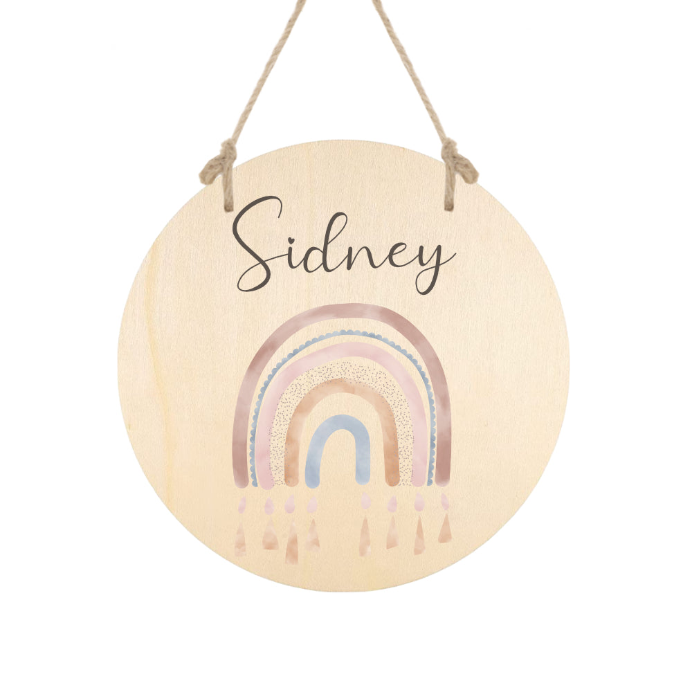 Namensschild "Regenbogen" für das Baby- und Kinderzimmer in Rund | Personalisiertes Geschenk aus Holz mit Namen des Babys u. Kindes | Besondere Geschenkidee zur Geburt und Taufe | Türschild in 6 Motivvarianten für Mädchen und Jungen