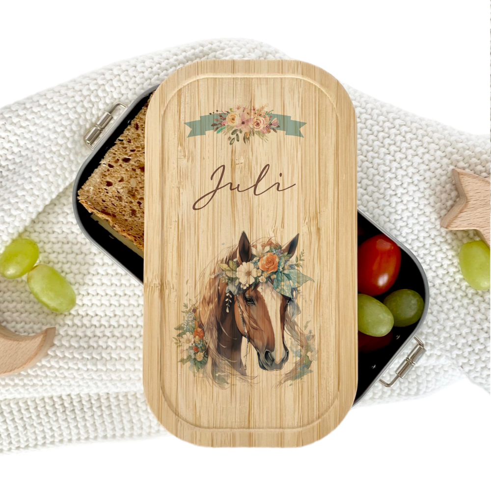 "Pferde" Brotdose wählbar in Edelstahl mit Bambusdeckel und Namen für Mädchen | Brotbox mit Pony | Personalisiertes Geschenk für Kinder + Pony Stoff Schultüte für Mädchen graue Zuckertüte Pferd Boho Name personalisiert Einschulungstüte Datum Blumen 70 cm 