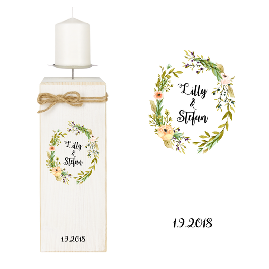 Stilvoller Kerzenständer zur Hochzeit als Hochzeitsgeschenk | Besonderes Hochzeitsgeschenk aus Holz gefertigt | Schöner Kerzenhalter mit den Namen des Brautpaares