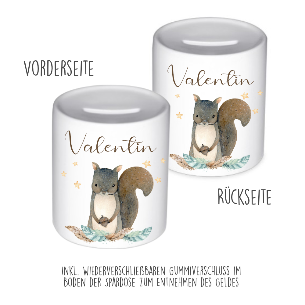 Spardose Tiermotiv Eichhörnchen mit Namen für Kinder als Geschenk