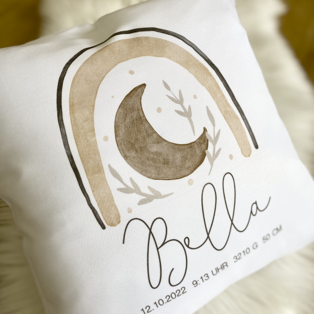 Personalisiertes Kissen mit Boho Regenbogen | Geschenk mit Namen für Mädchen und Jungen | Kissen mit Geburtsdaten für Neugeborene