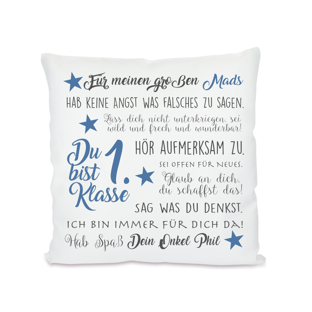 Kissen zum Schulbeginn "Du bist 1. Klasse" | Personalisiertes Geschenk zur Einschulung für Jungen und Mädchen | 4 Varianten zur Auswahl