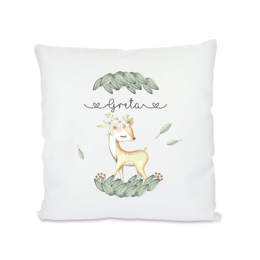 Niedliches Kinderkissen mit Reh und Namen des Kindes | Besonderes Geschenk für Mädchen u. schöne Kinderzimmerdekoration | 4 Motivvarianten zur Auswahl
