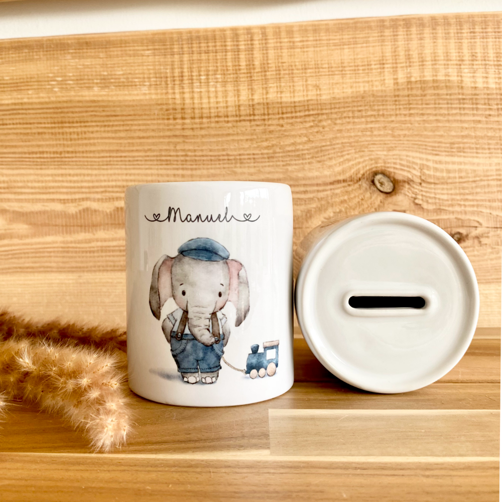 Spardose mit Elefant und Namen für Kinder | Personalisierte Kinderspardose aus Keramik für Mädchen und Jungen