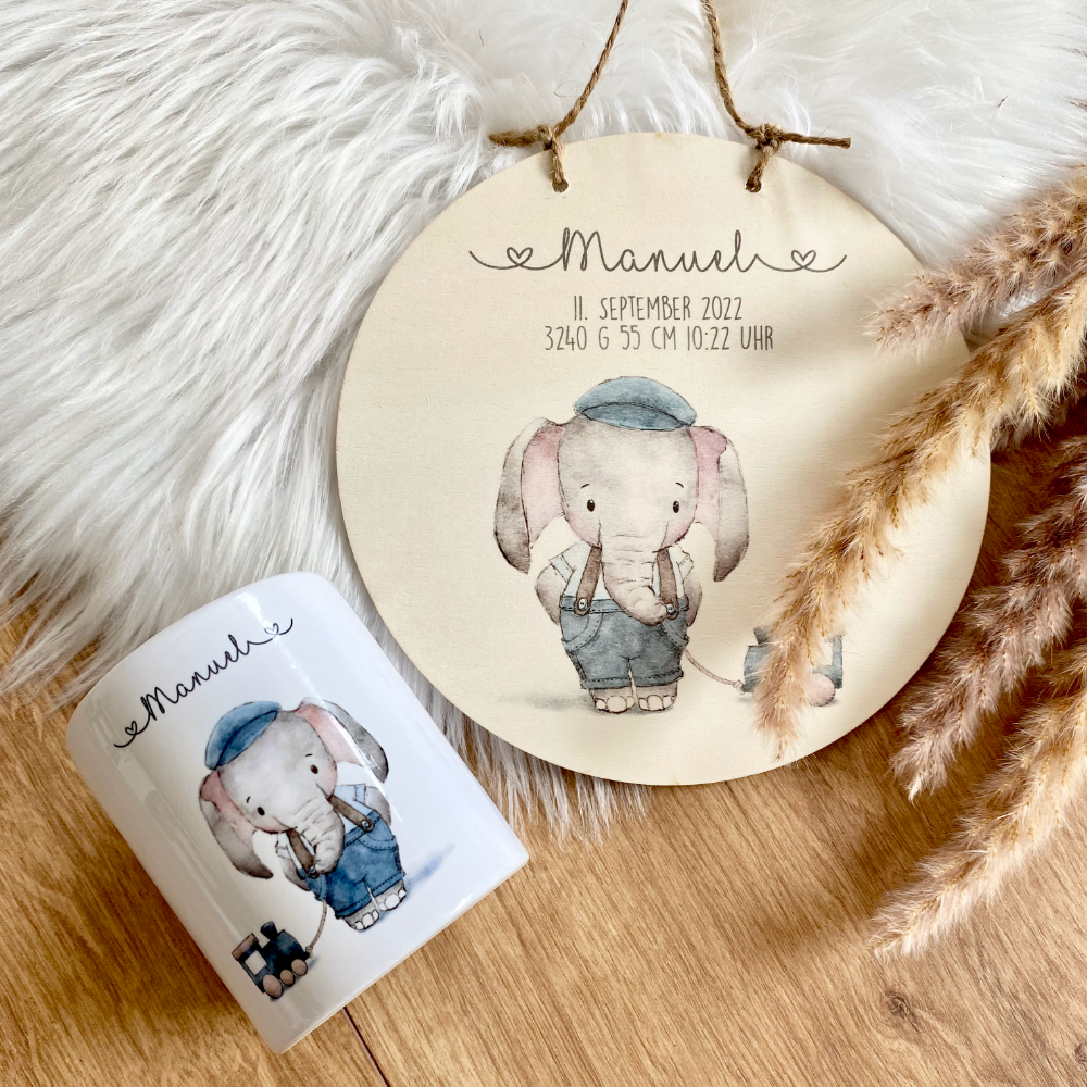 Holzschild mit Elefant, Namen und Geburtsdaten für Mädchen u. Jungen | Personalisiertes Geschenk u. Babygeschenk zur Geburt u. Taufe