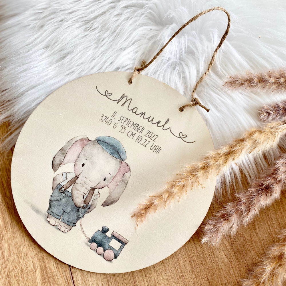 Holzschild mit Elefant, Namen und Geburtsdaten für Mädchen u. Jungen | Personalisiertes Geschenk u. Babygeschenk zur Geburt u. Taufe