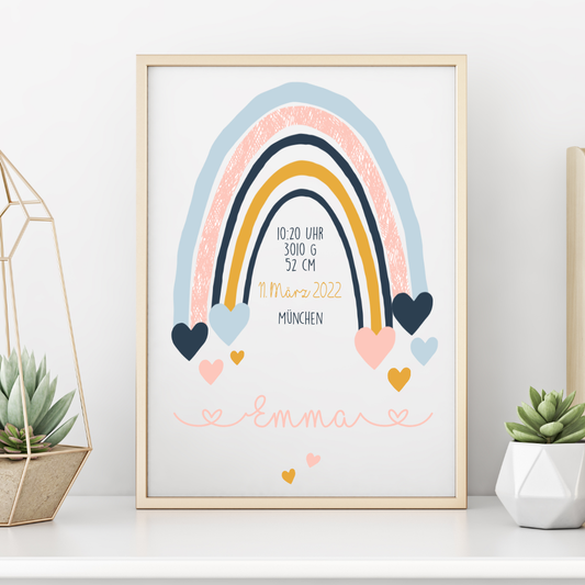 Poster "Regenbogen" mit Namen und Geburtsdaten | Besondere Wanddekoration für das Babyzimmer | Personalisiertes Geschenk zur Geburt u. Taufe | 4 Varianten zur Auswahl