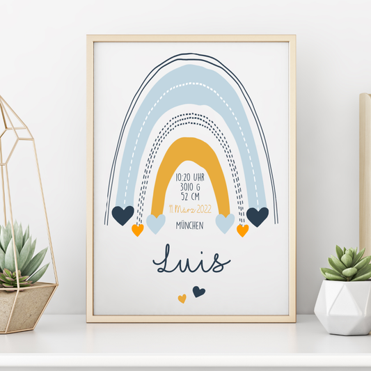 Poster mit Namen und Geburtsdaten | Motiv "Regenbogen" für Jungen u. Mädchen | Liebevolle Dekoration für das Baby- u. Kinderzimmer| Persönliches Geschenk zur Geburt u. Taufe mit Namen | 4 Varianten zur Auswahl