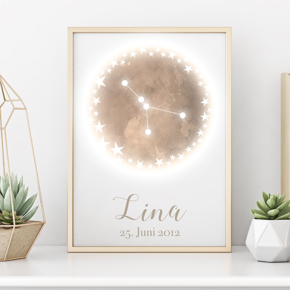 Originelles Geschenk zum Geburtstag | Personalisiertes Poster mit Sternzeichen, Namen und Geburtsdatum | Persönliches Geburtstagsgeschenk | 12 Sternzeichen zur Auswahl