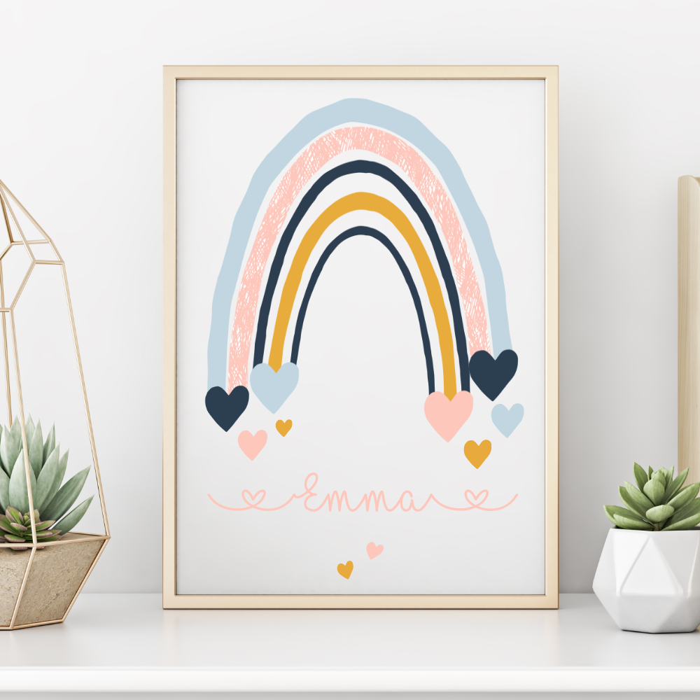 Poster mit Namen und Geburtsdaten | Motiv "Regenbogen" für Jungen u. Mädchen | Liebevolle Dekoration für das Baby- u. Kinderzimmer| Persönliches Geschenk zur Geburt u. Taufe mit Namen | 4 Varianten zur Auswahl