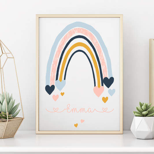 Schönes Wandbild für das Kinderzimmer | Personalisiertes Poster mit einem Regenbogen für Mädchen u. Jungen | Gestaltet mit dem Namen des Kindes | 4 Varianten zur Auswahl