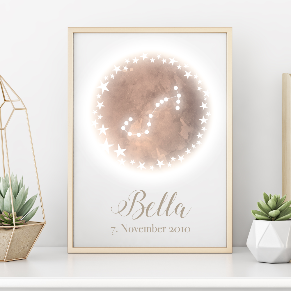 Originelles Geschenk zum Geburtstag | Personalisiertes Poster mit Sternzeichen, Namen und Geburtsdatum | Persönliches Geburtstagsgeschenk | 12 Sternzeichen zur Auswahl
