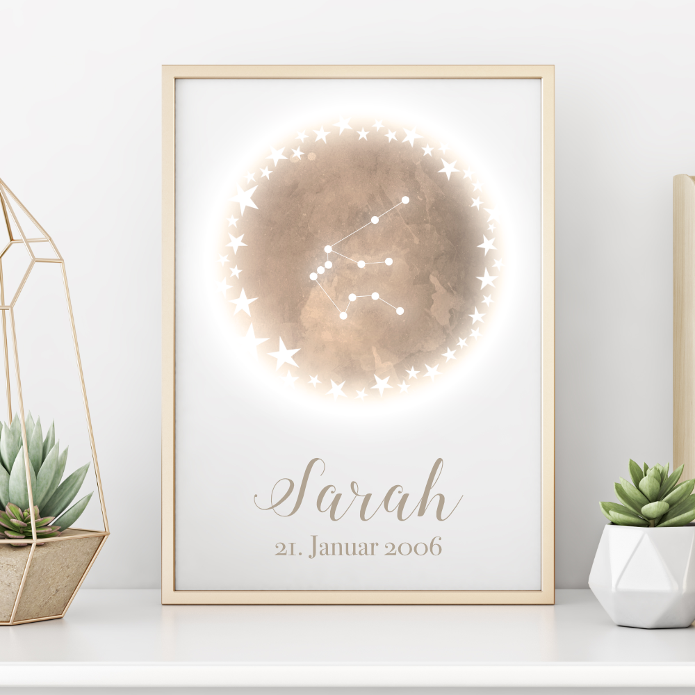 Originelles Geschenk zum Geburtstag | Personalisiertes Poster mit Sternzeichen, Namen und Geburtsdatum | Persönliches Geburtstagsgeschenk | 12 Sternzeichen zur Auswahl