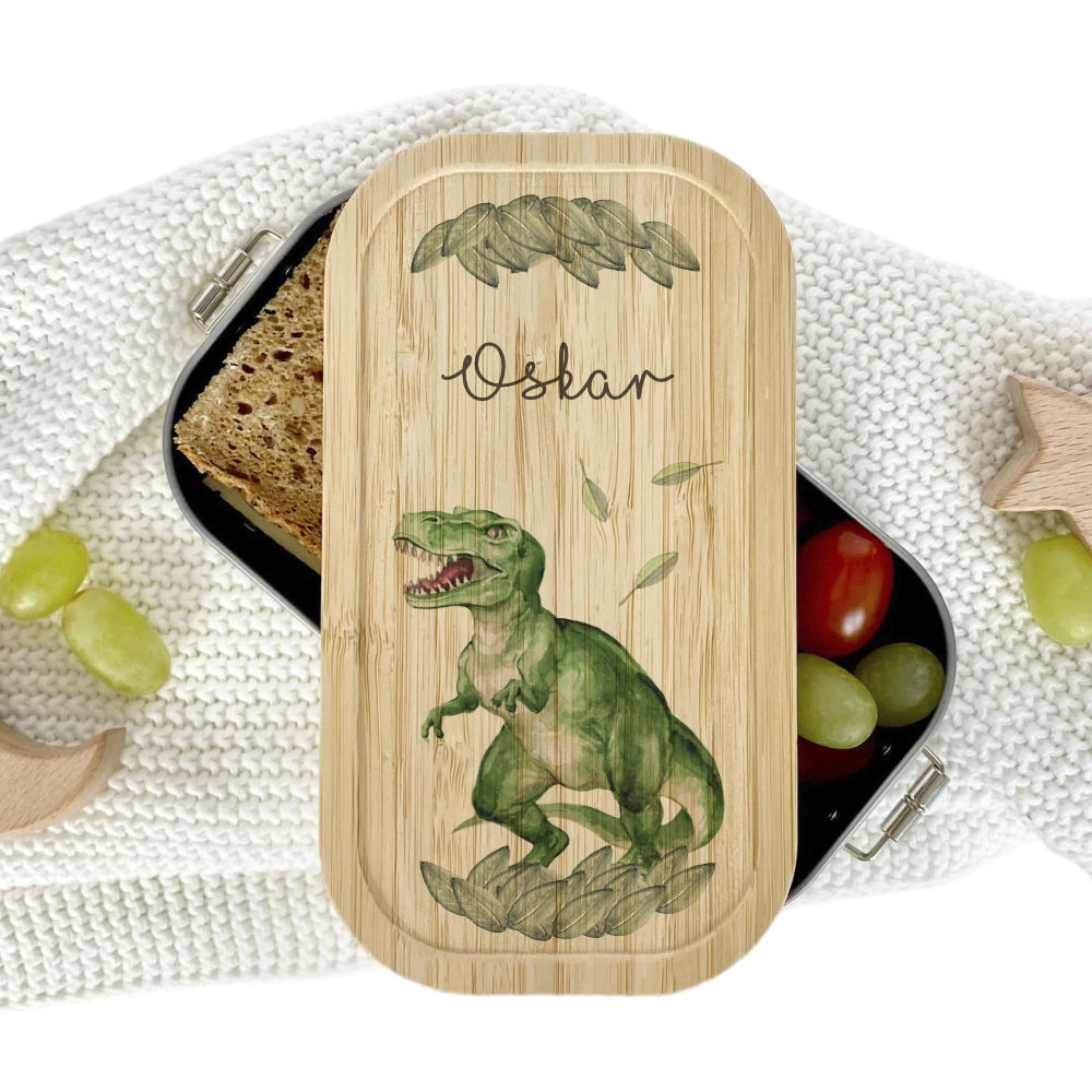 Brotdose "Dino" wählbar in Edelstahl mit Bambusdeckel und Namen für Kinder | Wählbar in Edelstahl | Lunchbox mit Dinosaurier | Personalisiertes Geschenk für Kinder