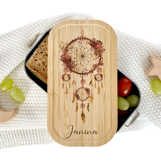 Brotdose "Traumfänger" mit Bambusdeckel und Namen für Frauen | Lunchbox mit Traumfänger | Wählbar in Edelstahl | Personalisierte Geschenkidee fürs Büro, Freizeit, Reisen, Achtsamkeit