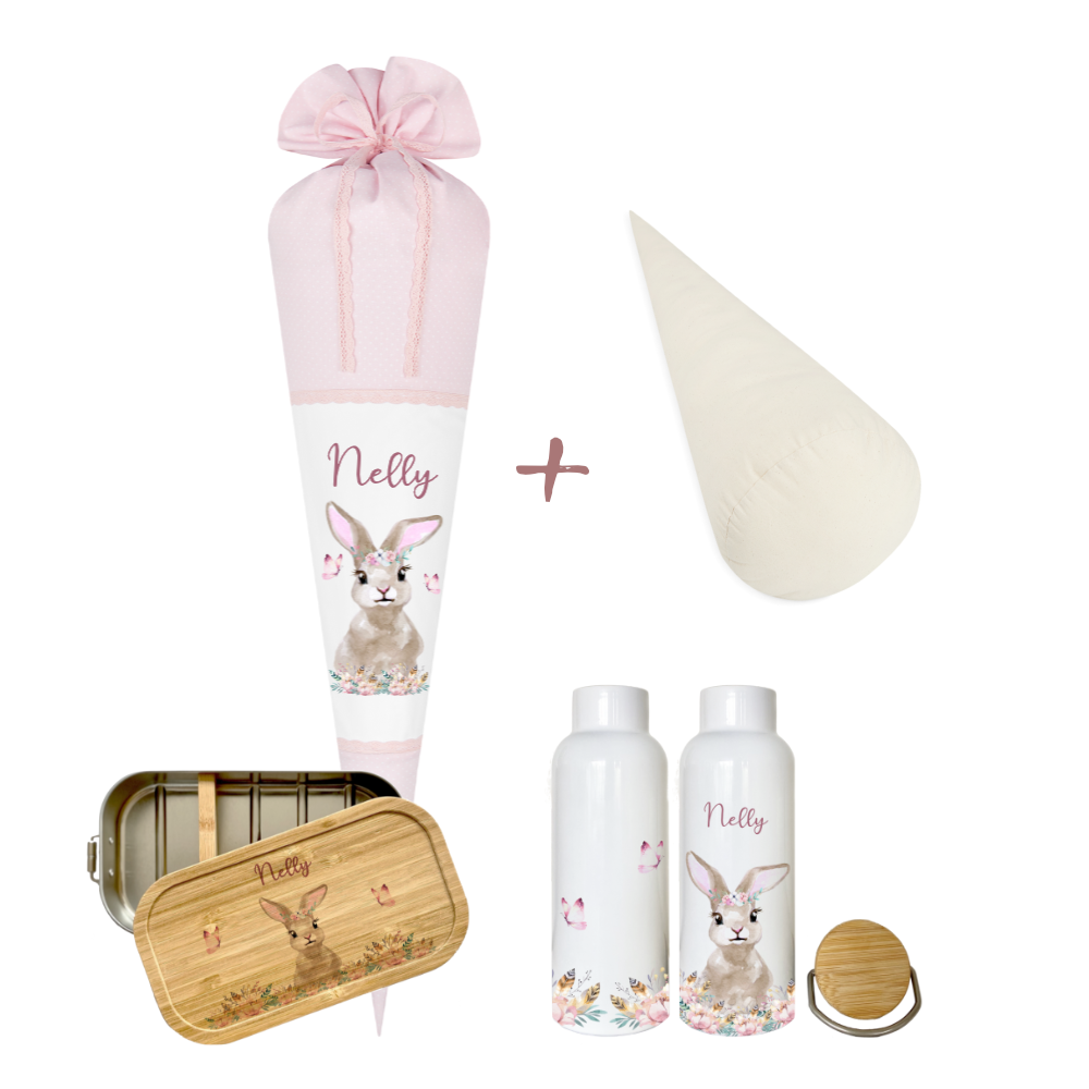 Schultüte "Hase" aus Stoff | Personalisiert mit Namen für Mädchen | Optional mit grauem, blauem, geblümten Stoff | mit Füllkissen & Spitzenschutz | Brotdosen & Trinkflaschen Set