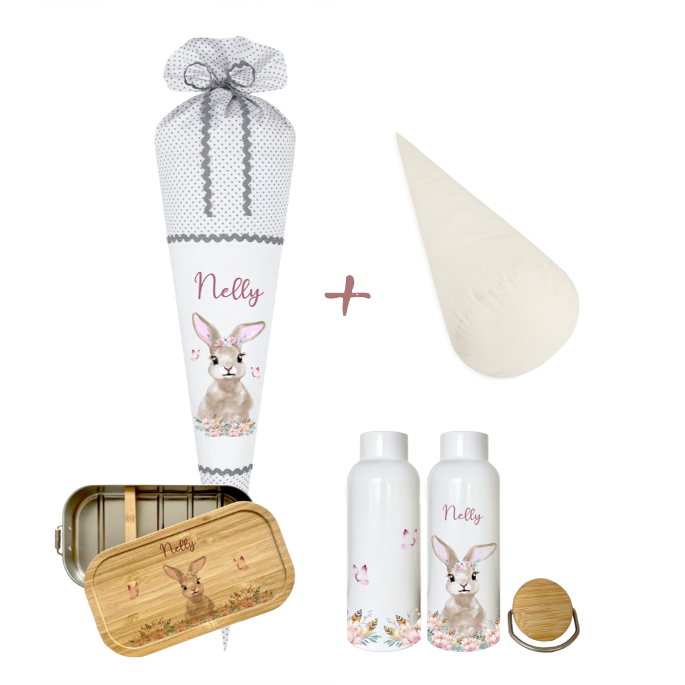 Schultüte "Hase" aus Stoff | Personalisiert mit Namen für Mädchen | Optional mit grauem, blauem, geblümten Stoff | mit Füllkissen & Spitzenschutz | Brotdosen & Trinkflaschen Set