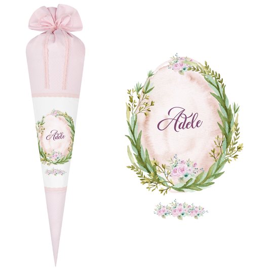 Rosa Schultüte mit floralen Motiv | Stoffschultüte für Mädchen mit Namen | Optional mit Füllkissen und Spitzenschutz