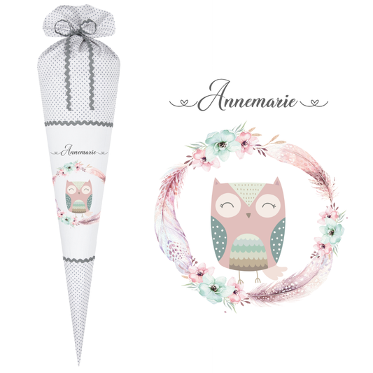 Niedliche Schultüte für Mädchen mit einer Eule und dem Namen personalisiert | Handgefertigte Stoffschultüte zum Schulbeginn | Optional mit Füllkissen und Spitzenschutz