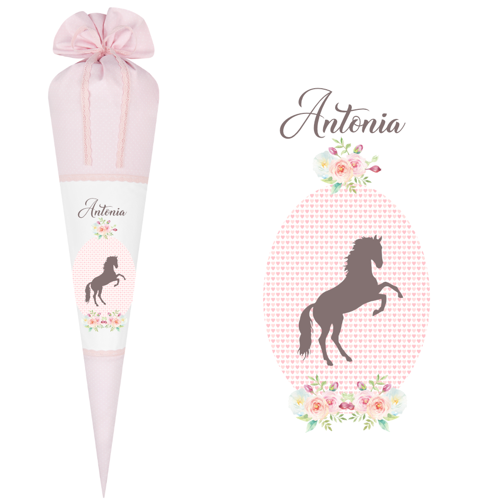 Schultüte mit Pony und Namen | Rosa Stoffschultüte für Mädchen | Optional mit Füllkissen und Spitzenschutz