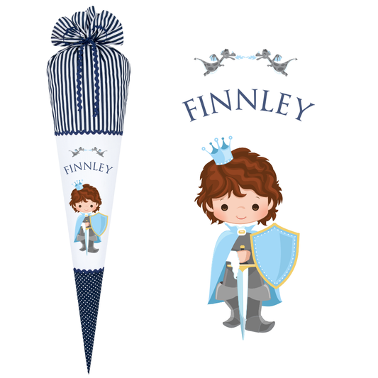 Schultüte "Ritter" in Blau für Jungen mit Namen | Schöne Stoffschultüte zur Einschulung | Optional mit Füllkissen und Spitzenschutz