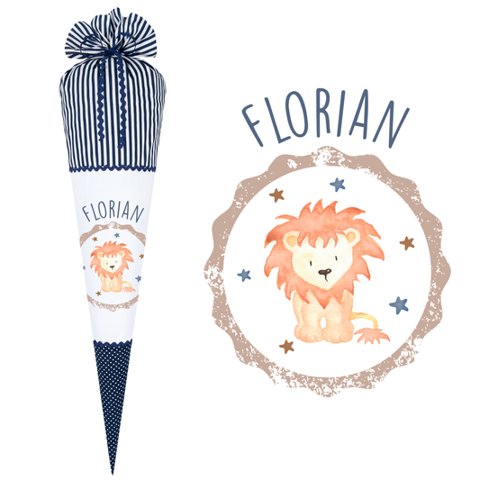 Personalisierte Schultüte "Löwe" | Stoffschultüte mit Namen des Kindes | Optional mit Füllkissen und Spitzenschutz