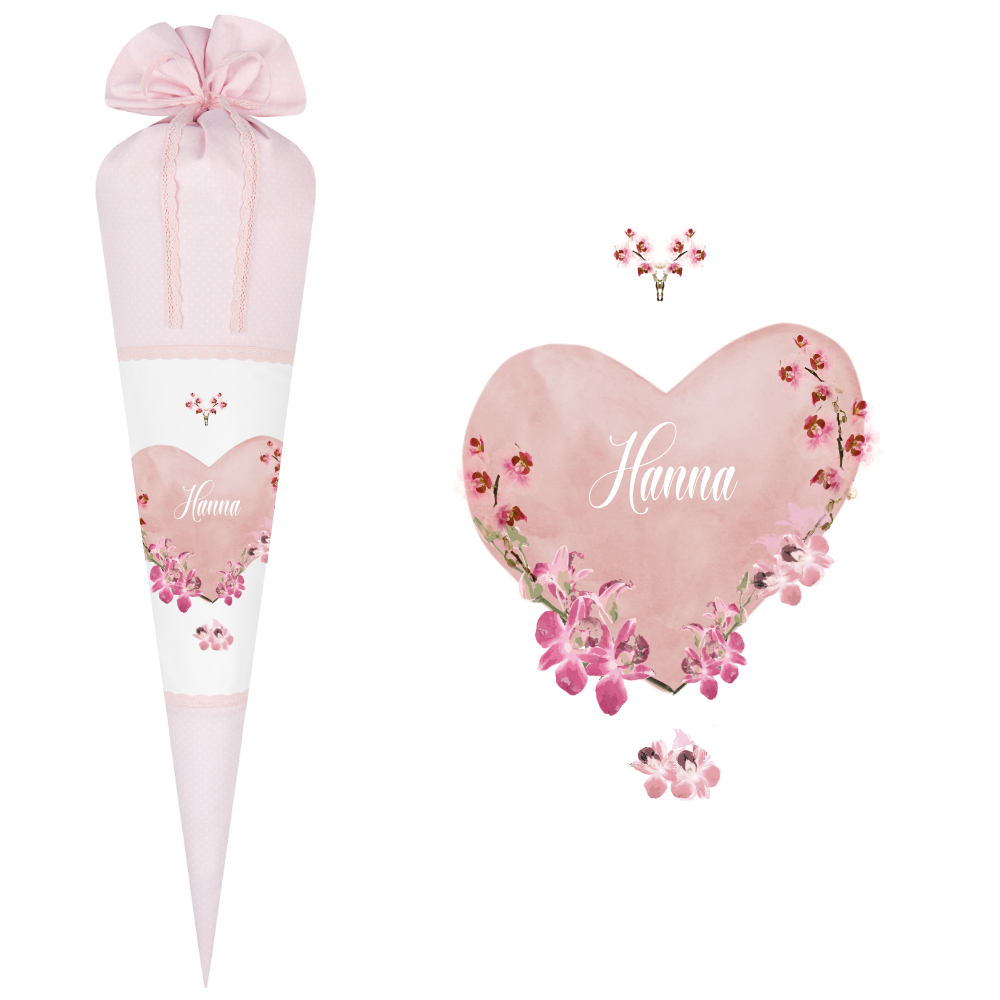 Schultüte aus rosa Stoff für Mädchen | Personalisierte Stoffschultüte mit einem Herz | Optional mit Füllkissen und Spitzenschutz