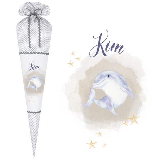 Schultüte mit Delfin und Namen | Stoffschultüte für das Schulkind | Optional mit Füllkissen und Spitzenschutz