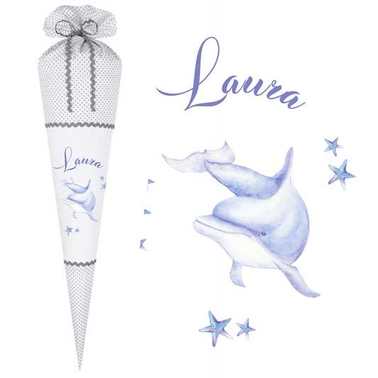 Schultüte für Mädchen | Stoffschultüte mit Delfin und Namen des Kindes | Optional mit Füllkissen und Spitzenschutz