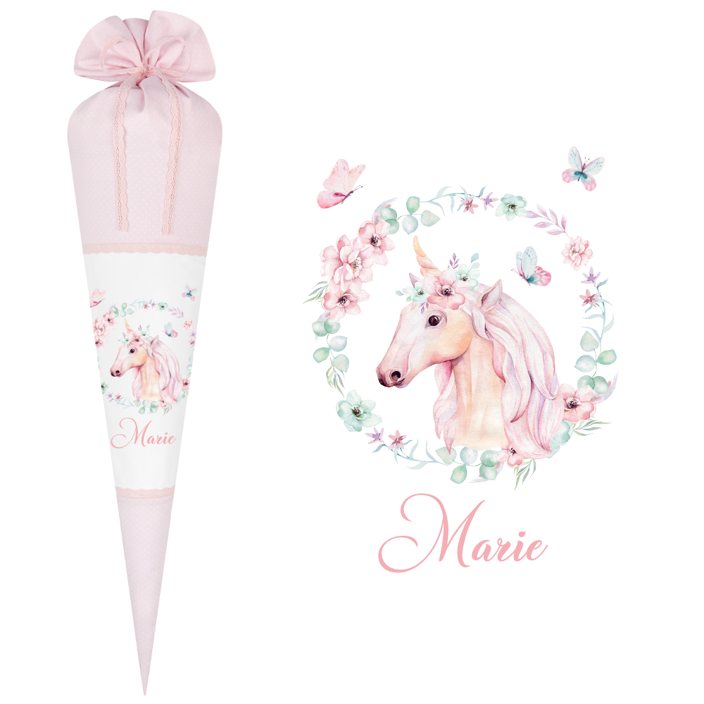 Schultüte "Einhorn" aus rosa Stoff | Personalisiert mit dem Namen für Mädchen | Optional mit Füllkissen und Spitzenschutz