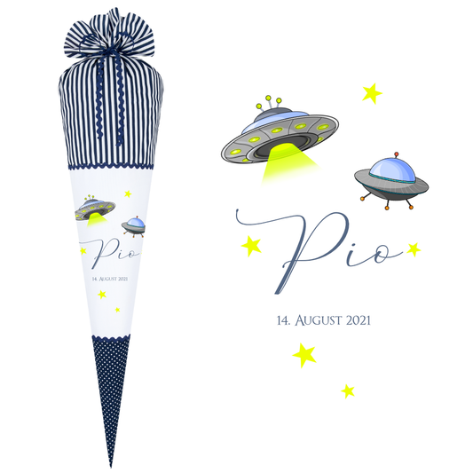 Schultüte "Raumschiffe" für Jungen in Blau | Besondere Stoffschultüte zum Schulbeginn mit Namen u. Einschulungsdatum | Optional mit Füllkissen und Spitzenschutz