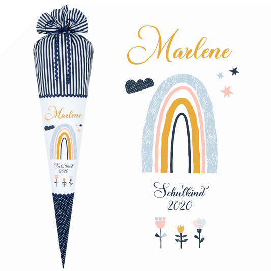 Schultüte "Regenbogen" handgefertigt aus Stoff | Personalisiert mit dem Namen für Mädchen u. Jungen | In den Farben Rosa u. Blau erhältlich | Optional mit Füllkissen und Spitzenschutz