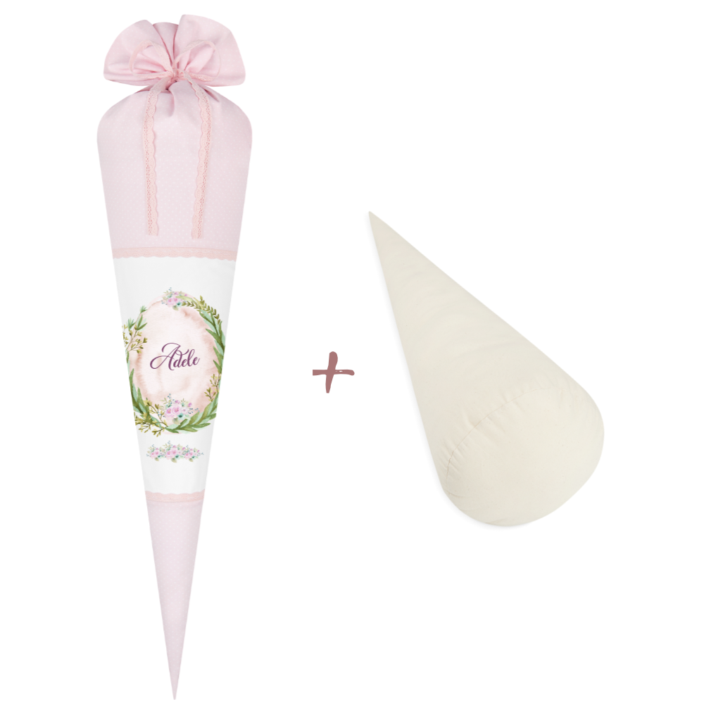 Rosa Schultüte mit floralen Motiv | Stoffschultüte für Mädchen mit Namen | Optional mit Füllkissen und Spitzenschutz