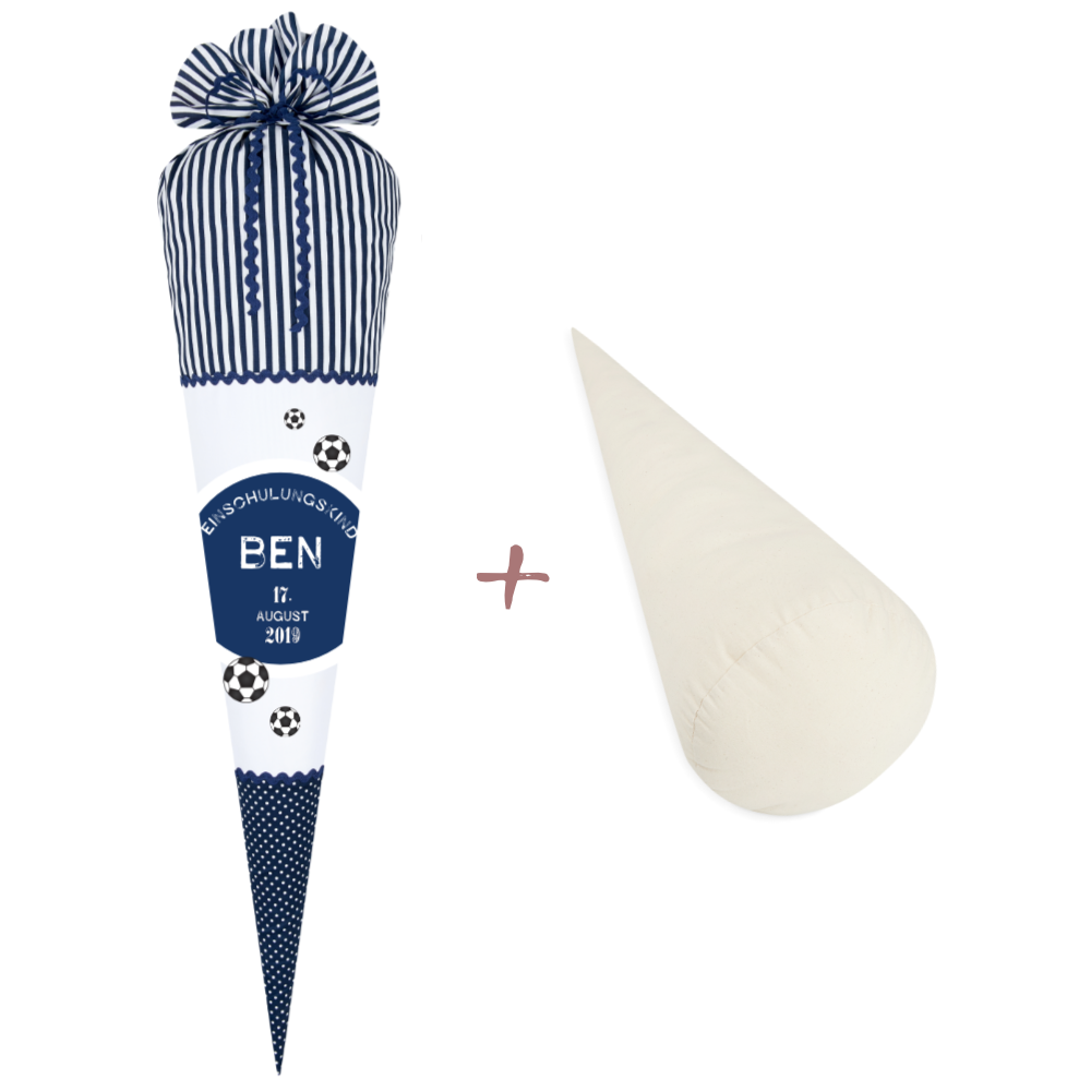 Einschulungstüte in blau mit Namen und Füllkissen 