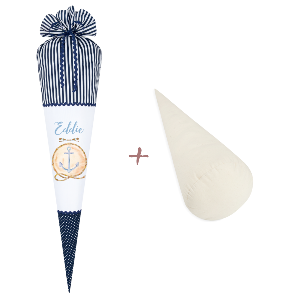 Maritime Schultüte für Jungen | Personalisiert mit dem Namen | Stoffschultüte in Blau mit Anker | Optional mit Füllkissen und Spitzenschutz