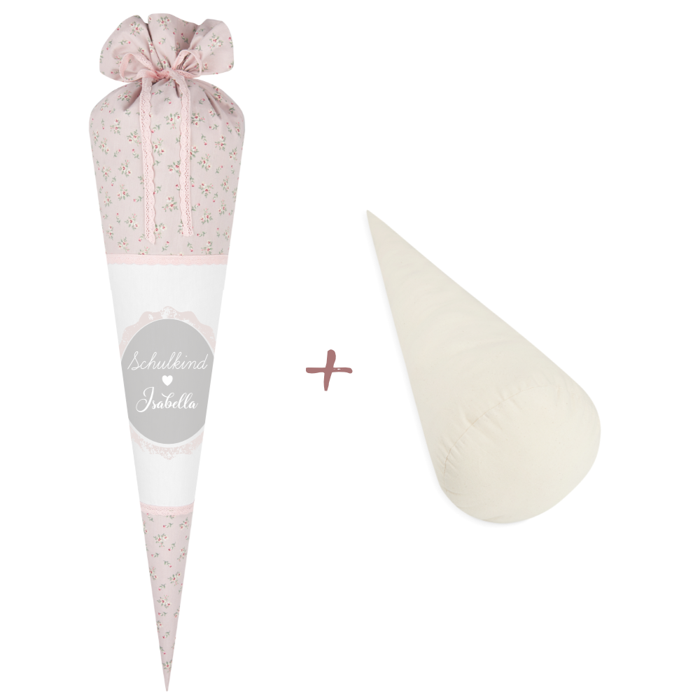 Schultüte aus geblümten Stoff in Rosa | Personalisiert mit dem Namen des Kindes | Optional mit Füllkissen und Spitzenschutz
