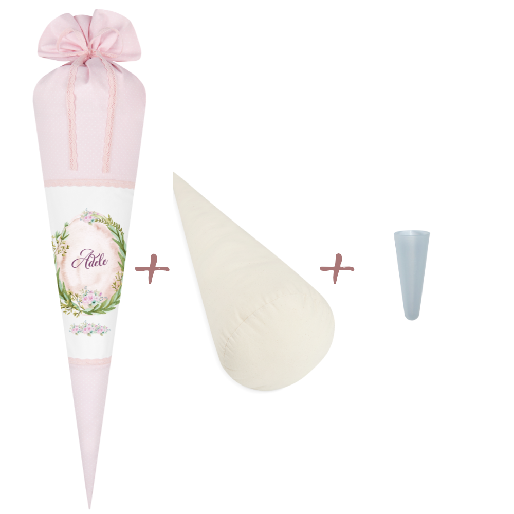 Rosa Schultüte mit floralen Motiv | Stoffschultüte für Mädchen mit Namen | Optional mit Füllkissen und Spitzenschutz