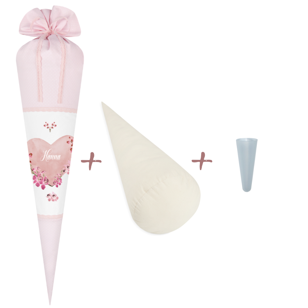 Schultüte aus rosa Stoff für Mädchen | Personalisierte Stoffschultüte mit einem Herz | Optional mit Füllkissen und Spitzenschutz