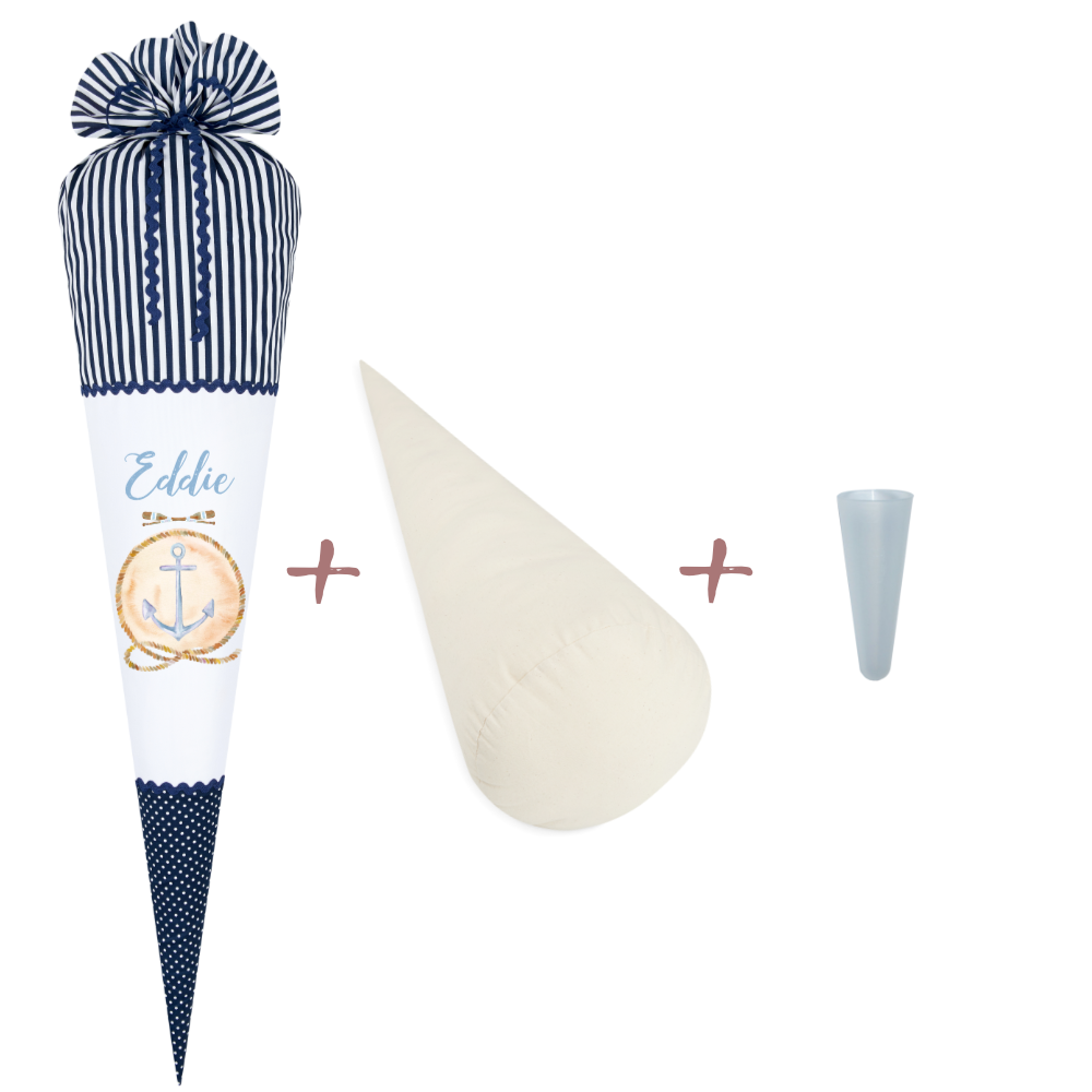 Maritime Schultüte für Jungen | Personalisiert mit dem Namen | Stoffschultüte in Blau mit Anker | Optional mit Füllkissen und Spitzenschutz