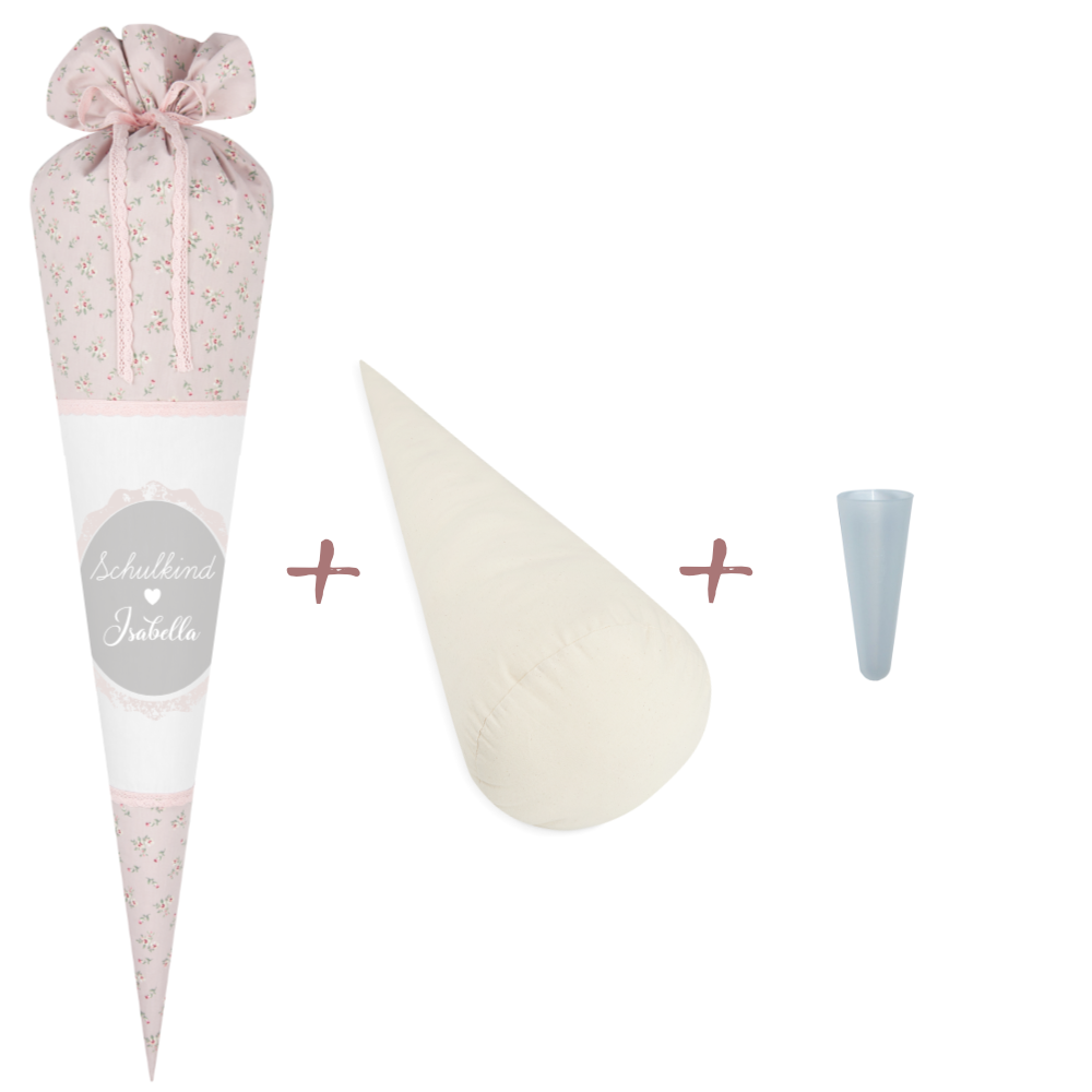 Schultüte aus geblümten Stoff in Rosa | Personalisiert mit dem Namen des Kindes | Optional mit Füllkissen und Spitzenschutz