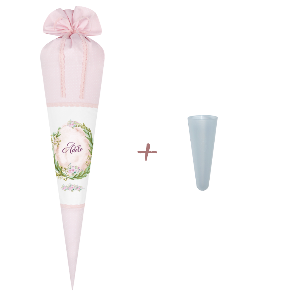 Rosa Schultüte mit floralen Motiv | Stoffschultüte für Mädchen mit Namen | Optional mit Füllkissen und Spitzenschutz